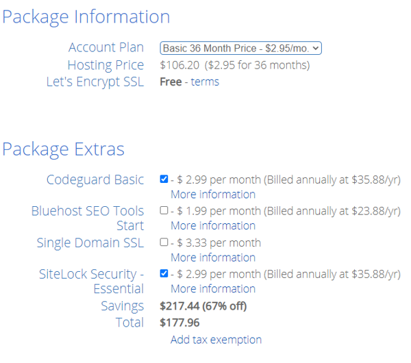 Bluehost package information